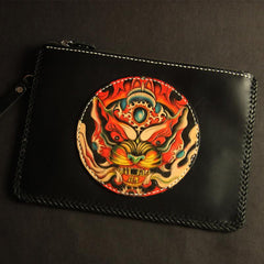 Cool Handmade Tooled Leather Floral Skull Clutch Wallet Wristlet Bag Clutch Purse For Men