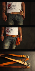 Cool Handmade Yellow Brown Skull Tooled Leather Mens Belt Carved Leather Belt for Men