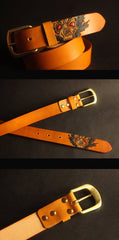 Cool Handmade Yellow Brown Skull Tooled Leather Mens Belt Carved Leather Belt for Men