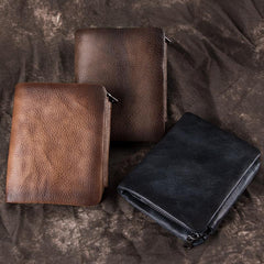 Cool Leather Brown Men's Zipper Blue billfold Small Wallet Trifold Wallet Card Wallet For Men