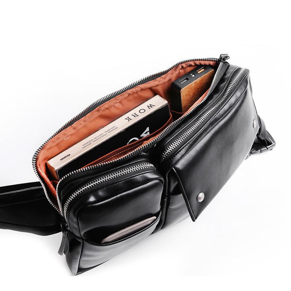 Cool PU Leather Men's Brown One Shoulder Backpack Black Chest Bag Sling Bag For XFZ00692042