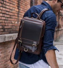 Cool Leather Coffee Mens Backpack Vintage School Backpack Laptop Backpack for Men