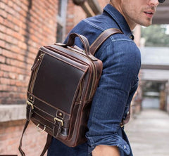 Cool Leather Coffee Mens Backpack Vintage School Backpack Laptop Backpack for Men