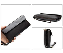 Cool Leather Long Wallet for Men Black Envelope Wallet Wristlet Clutch Wallet For Men