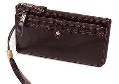 Cool Leather Long Wallet for Men Vintage Double Zipper Long Wallet for Men