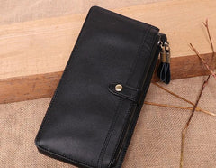 Cool Leather Long Wallet for Men Vintage Double Zipper Long Wallet for Men
