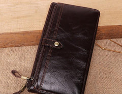 Cool Leather Long Wallet for Men Vintage Double Zipper Long Wallet for Men