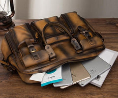Cool Leather Men Vintage Briefcase 14inch Work Bags Handbag Shoulder Bags For Men