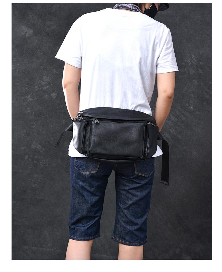Men Waist Bag Black Leather Fanny Pack Large Multi Zippered Design Hip  Purse Ne
