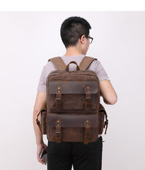 Cool Leather Mens 14 inches Brown Backpack Large Cool Vintage Large Travel Backpack for Men