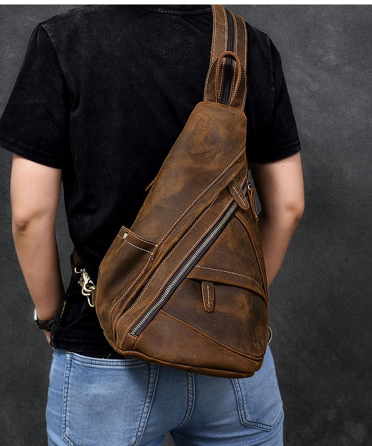 Cool Brown Mens Leather Chest Bags Sling Bag One Shoulder Backpack For
