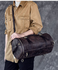 Cool Leather Mens Barrel Shoulder Bags Backpack Travel Bag for Men