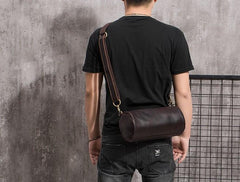 Cool Leather Mens Barrel Side Bag Bucket Shoulder Bag Messenger Bag for Men