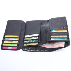 Cool Leather Mens Black Buckle Long Wallet Black Long Trifold Vertical Wallet for Men