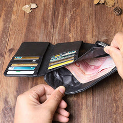 Cool Leather Mens Black Buckle Long Wallet Black Long Trifold Vertical Wallet for Men