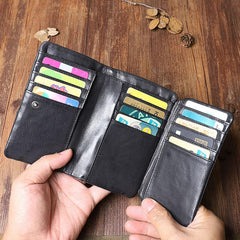 Cool Leather Mens Black Buckle Long Wallet Black Long Trifold Vertical Wallet for Men