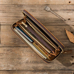 Cool Leather Mens Braided Long Zipper Clutch Wallet Long Wallet for Men