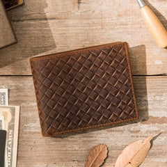 Cool Leather Mens Briaded Small Wallet Bifold Vintage Slim billfold Wallet for Men