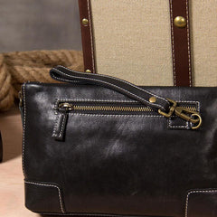 Black Leather Mens Wristlet Wallet Zipper Clutch Wallet for Men