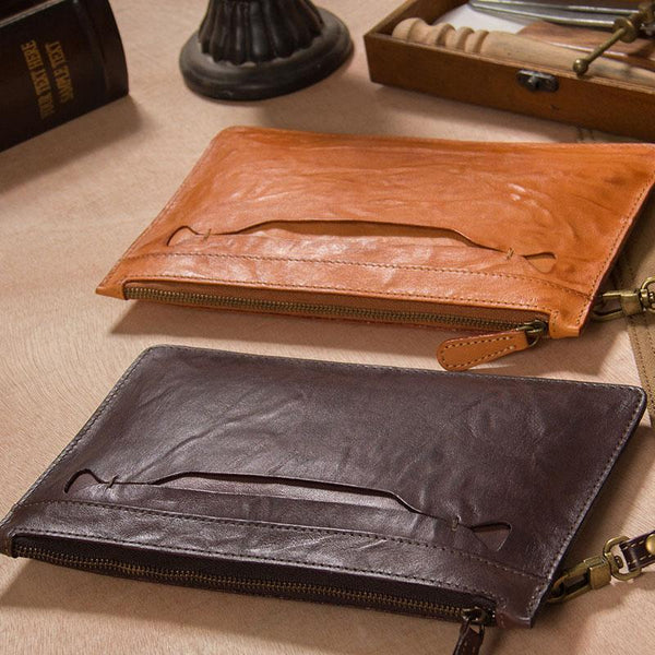 Long Leather Mens Clutch Wallet Wristlet Wallet Vintage Zipper Clutch for Men