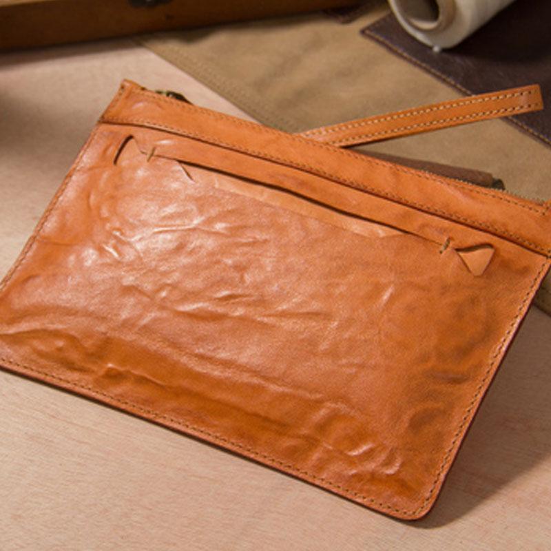 Long Leather Mens Clutch Wallet Wristlet Wallet Vintage Zipper Clutch for Men