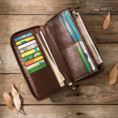Cool Leather Mens Coffee Long Zipper Clutch Wallet Long Wallet for Men