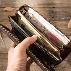 Cool Leather Mens Coffee Long Zipper Clutch Wallet Long Wallet for Men