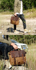 Cool Canvas Leather Mens Side Bag Black Shoulder Bag Khaki Messenger Bag for Men