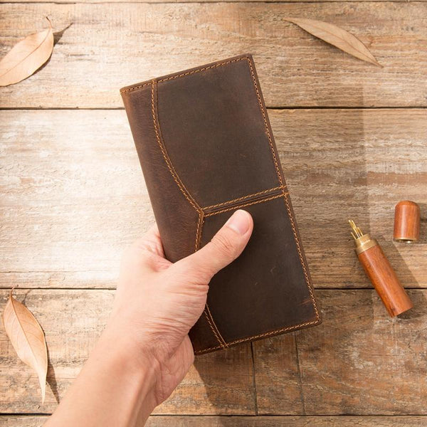 Cool Leather Mens Brown Bifold Long Wallets - Back View