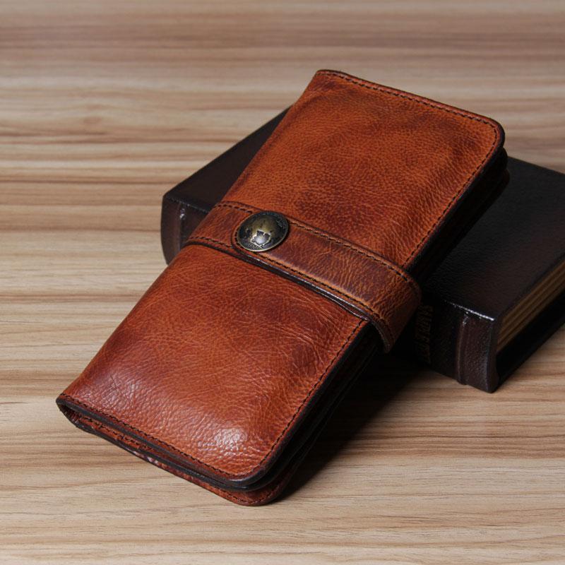Cool Leather Mens Long Leather Wallet Bifold Vintage Brown Long Wallet for Men