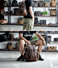 Cool Canvas Leather Mens Large Black Backpack Travel Backpack Hiking Backpack for Men