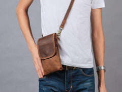 Cool Brown Leather Mens Mini Shoulder Bag Belt Pouch Waist Bag For Men