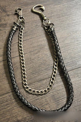 Cool Men's Black Braided Leather Double Skull Pants Chain Wallet Chain For Men