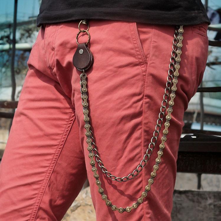 Cool Men's Brass Double Silver Long Biker Wallet Chain Pants Chain For