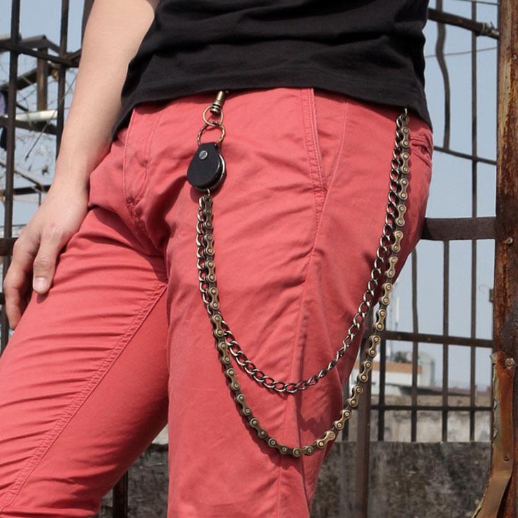 Cool Men's Brass Double Silver Long Biker Wallet Chain Pants Chain For