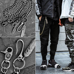 Cool Men's Skull Long Feather Pendant Hip Hop Stainless Steel Pants Chain Biker Wallet Chain For Men