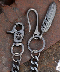 Cool Men's Skull Long Feather Pendant Hip Hop Stainless Steel Pants Chain Biker Wallet Chain For Men