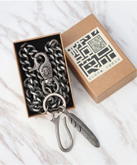 Cool Men's Skull Long Feather Pendant Hip Hop Stainless Steel Pants Chain Biker Wallet Chain For Men