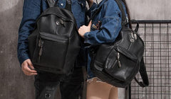 Cool Mens Black Leather School Backpack Travel Backpack Leather Hiking Backpack for Men