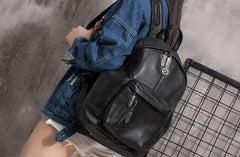 Cool Mens Black Leather School Backpack Travel Backpack Leather Hiking Backpack for Men