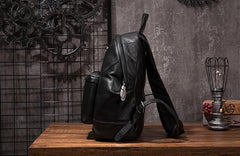 Cool Mens Black Leather School Backpack Travel Backpack Leather Hiking Backpack for Men
