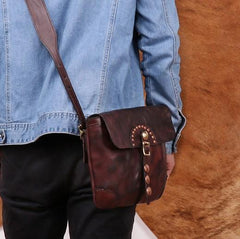 Cool Mens Leather Country Side Bag Small Saddle Messenger bag Shoulder bag For Men