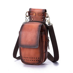 Cool Brown Leather Men's Cell Phone Holster Small Side Bag Mini Messenger Bag For Men