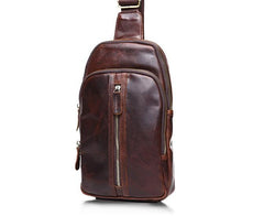 Cool Mens Red Brown Leather Chest Bag Sling Bag Crossbody Sling Bag For Men