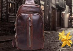 Cool Mens Red Brown Leather Chest Bag Sling Bag Crossbody Sling Bag For Men