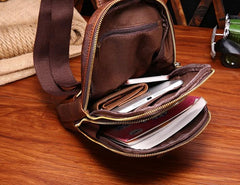 Cool Mens Red Brown Leather Chest Bag Sling Bag Crossbody Sling Bag For Men