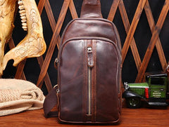Cool Mens Red Brown Leather Chest Bag Sling Bag Crossbody Sling Bag For Men