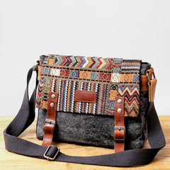 Cool Retro Waxed Canvas Leather Mens Womens Ethnic Shoulder Bag 13'' Side Bag Messenger Bag Postman Bag For Men