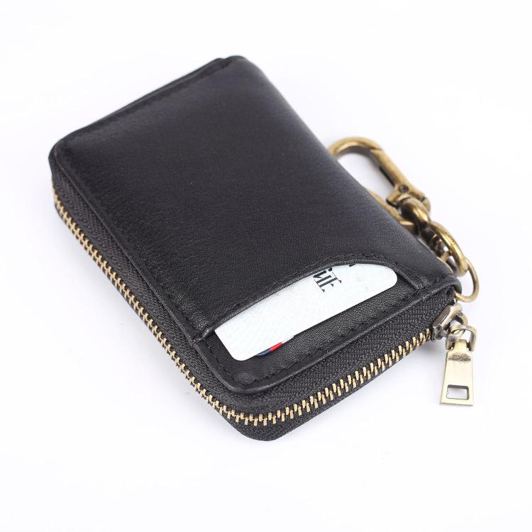 Cool Black Leather Mens Key Wallet Zipper Coin Pouch Card Front