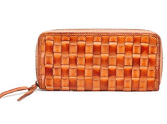Cool Tan Mens Leather Long Wallet Braided Zipper Long Wallet for Men